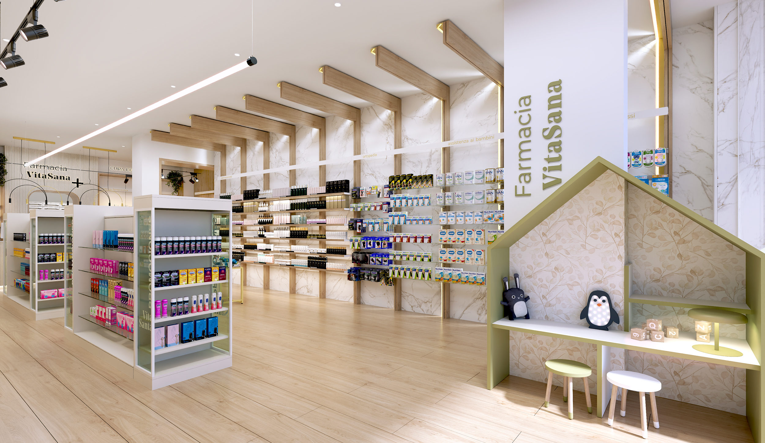 Area mamma-bambino in farmacia. Progetto di Inside Pharmacy.